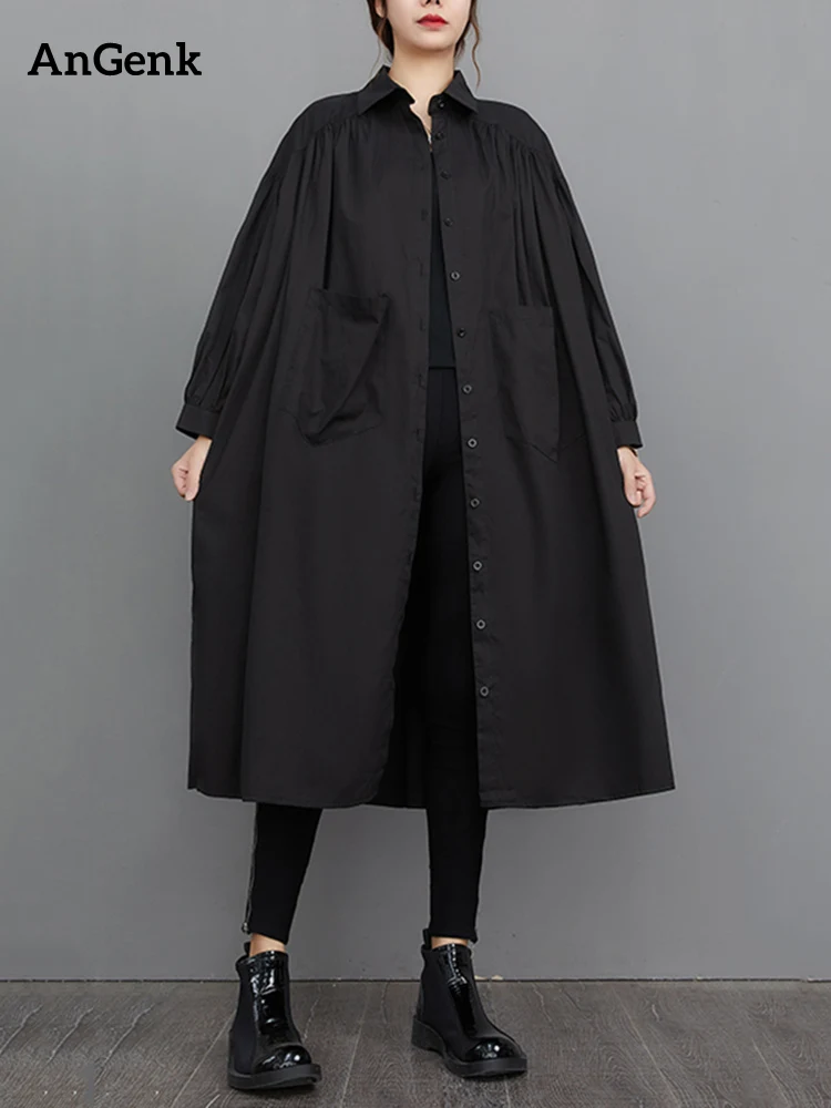 

Женское винтажное платье-рубашка, черное свободное Плиссированное Повседневное платье миди составного кроя с длинным рукавом, элегантная одежда на весну и осень, 2022