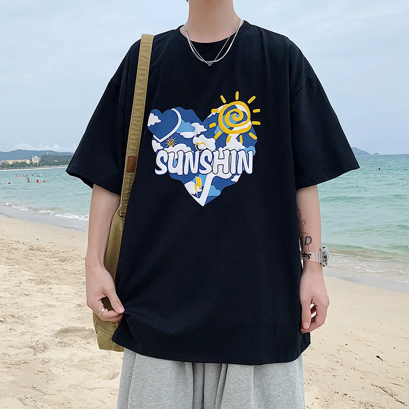 

Loving Heart Print Oversized T-Shirt Men Summer Causal Thin Male Daily Half Sleeve Loose All-match Trend Cotton O-neck Teens