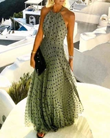 summer beach wear vacation sleeveless elegant sexy long dresses polka dot print chiffon pleated halter maxi dress