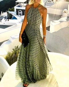 Summer Beach Wear Vacation Sleeveless Elegant Sexy Long Dresses Polka Dot Print Chiffon Pleated Halter Maxi Dress