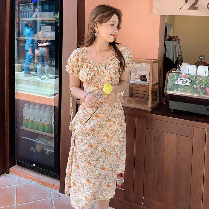 

Drawstring Side Split Printing Vintage Puff Sleeve Summer French Knee Square Neck Floral Long Female Dress Holiday