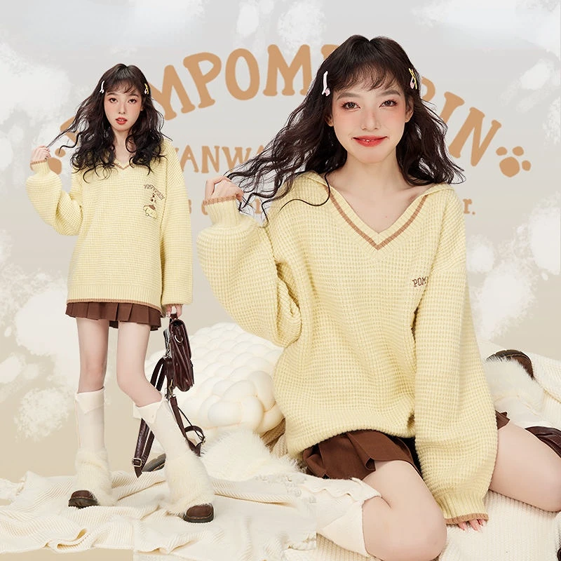 

Sanrio Cute Pompom Purin Kuromi Sweater Navy Collar Female Loose Lean Autumn New Take Care of Kawaii Sweater Birthday Gift