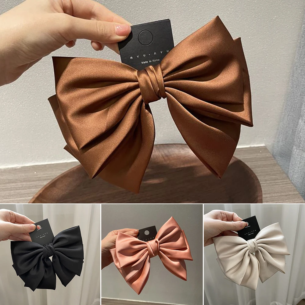 

New Women Girls Sweet Silky Shining Satin Bowknot Hair Clip Big Ribbon Bow Barrette Solid Color Scarf Hairpin Grip Ponytail Clip