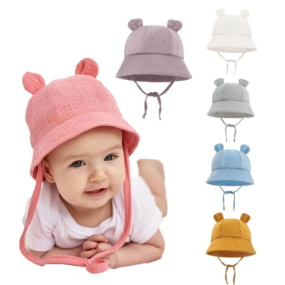 Панама для детей 0-2 лет Пляжная шапка с милыми медвежьими ушками однотонная