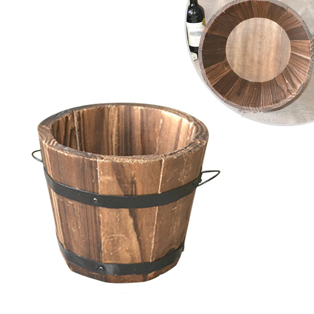 

Rustic Pot Farmhouse Flower Basket Large Outdoor Pots Barrel Planters Wooden Succulent Pot Frogs Decor