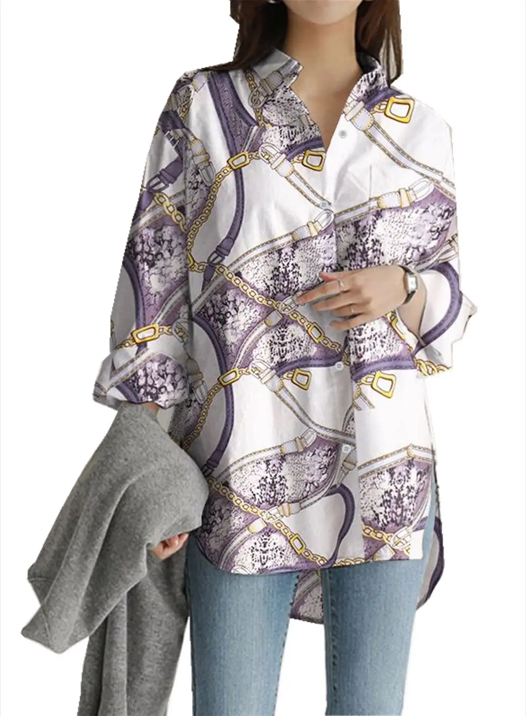 

Shirt Women Casual Long Sleeve Top Chain Print Lapel Shirt 2022 Spring Autumn Streetwear Elegant Office Ladies Button Up Tops