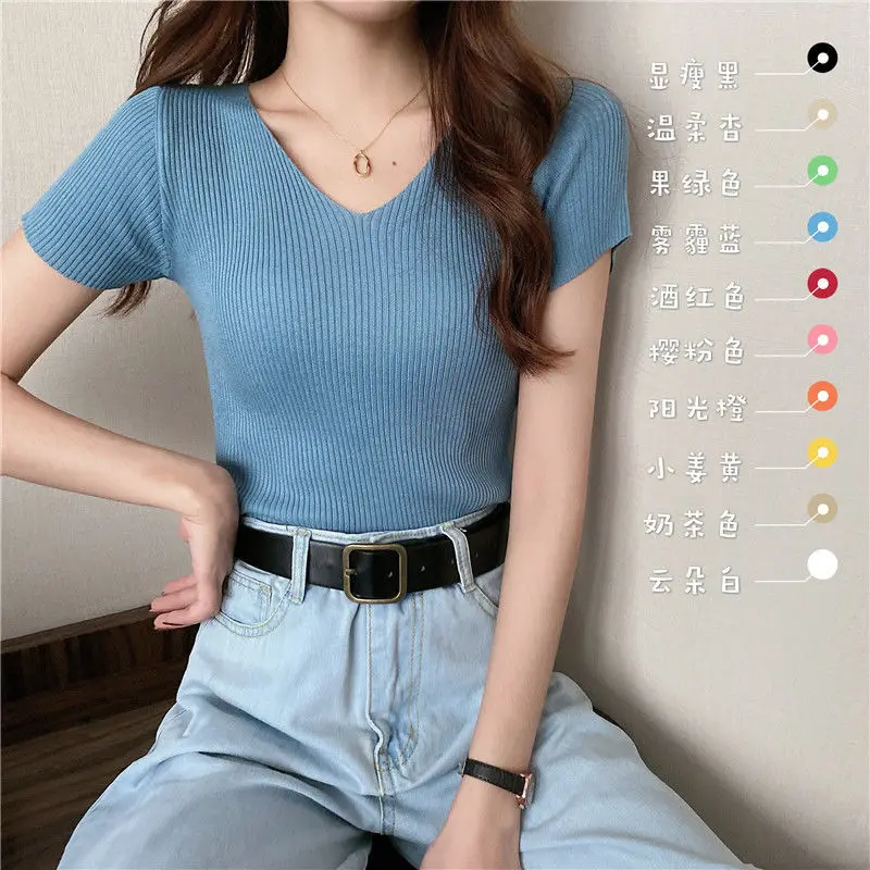 

Summer dress 2022 new foreign style V-neck candy color short-sleeved knitted sweater women's outer wear thin bottoming shirt top