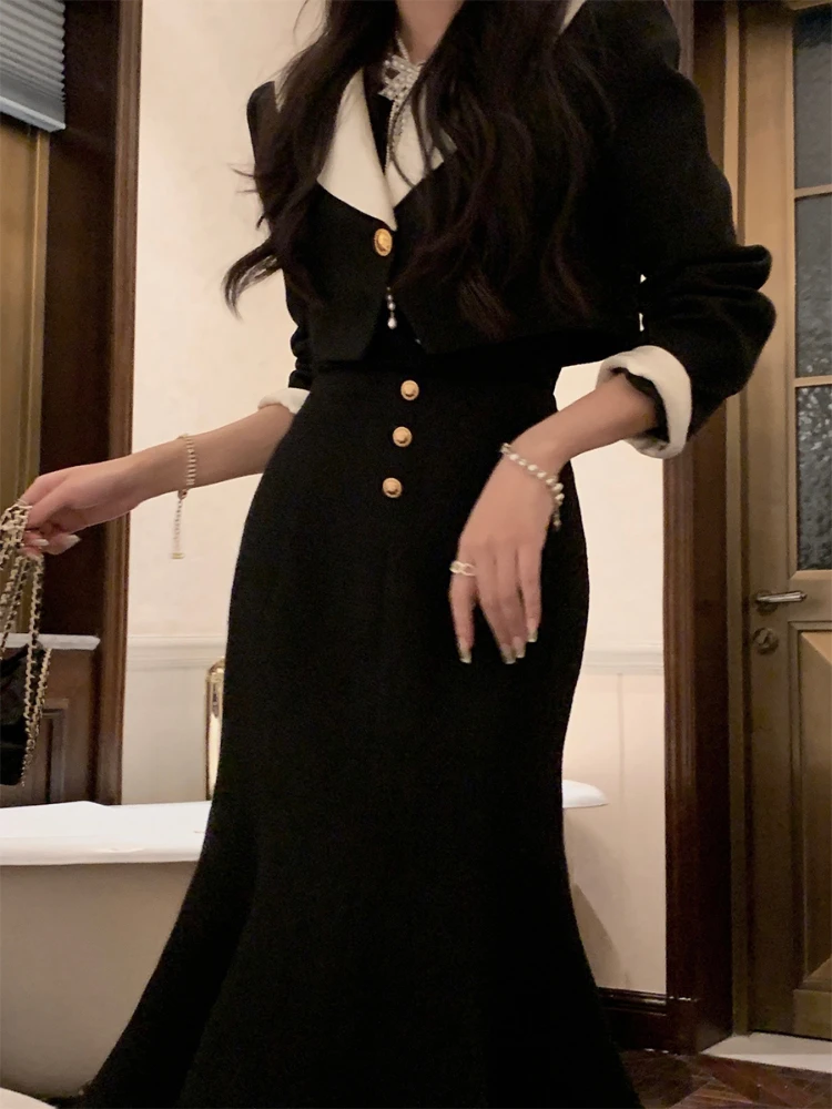 

Korean Style Elegant Two Piece Set Women French Vintage Button Midi Skirt Set Female Black Suit Jacket + Sexy Fishtail Skirt New