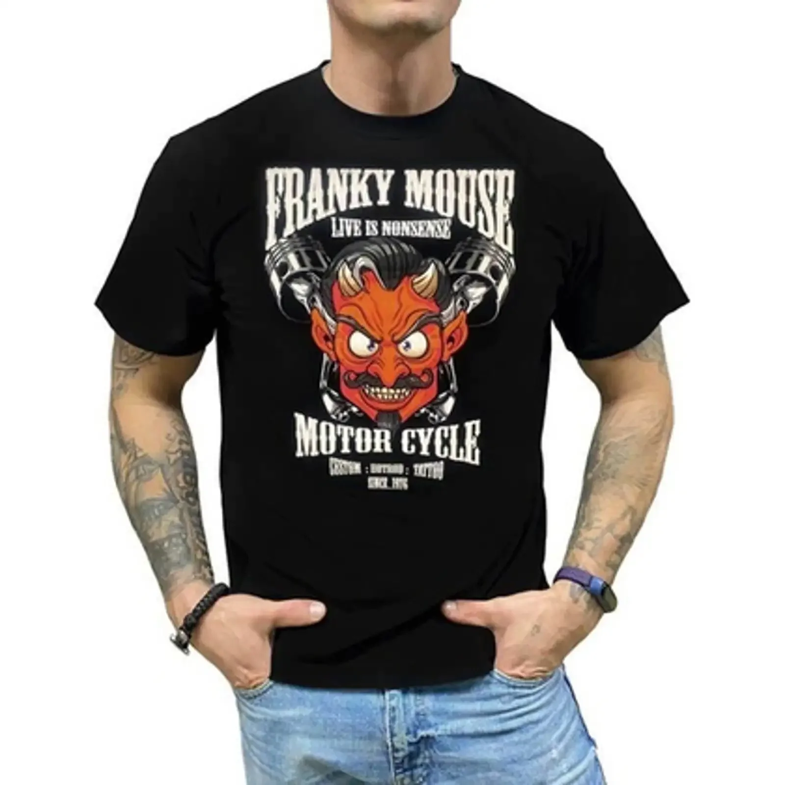Фото Футболка Franky Mouse Live Nonsense Motorcycle с принтом «Черт и поршни», черная, винтажная, с эффектом потертости, мужская, с легким графическим рисунком, эластичная, мягкая.