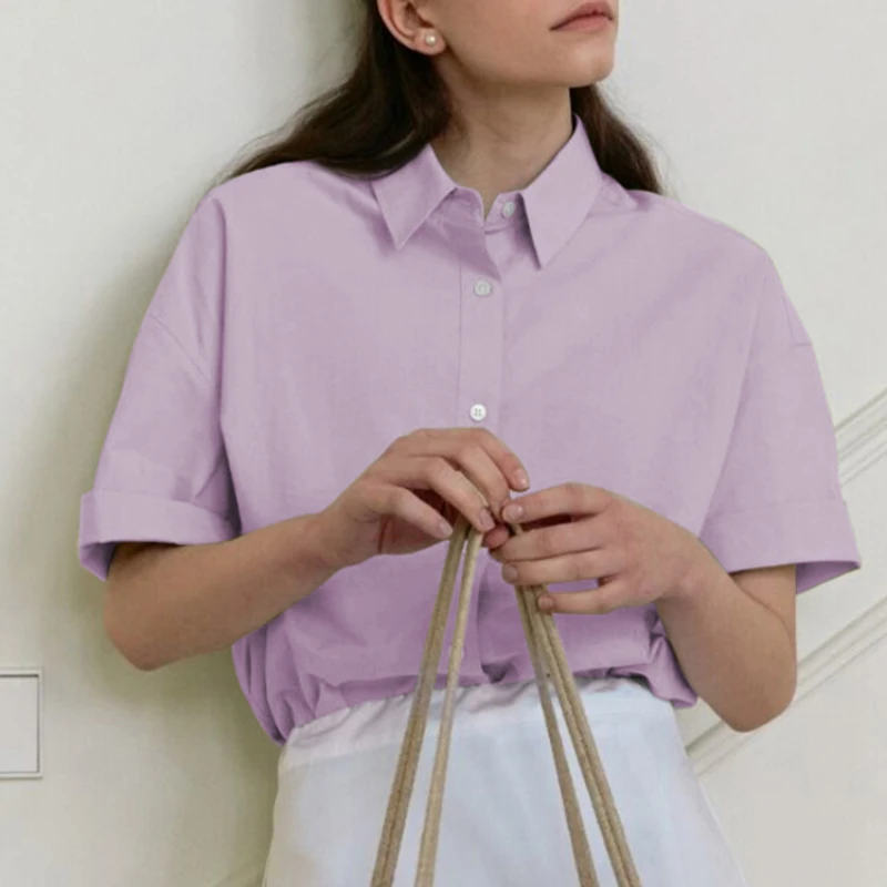 Женская рубашка из 100% хлопка с коротким рукавом летняя новая однотонная