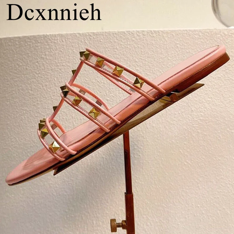 

Женские шлепанцы с круглым носком, натуральная кожа, с заклепками, декоративные, летняя пляжная обувь для отпуска