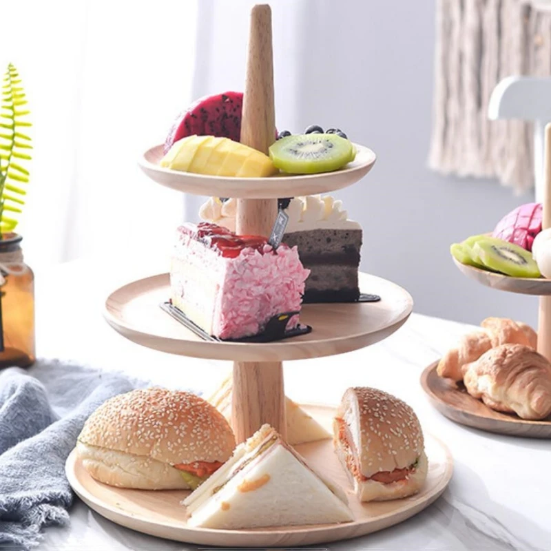 

European Solid Wood Three-Layer Plate Cake Afternoon Tea Fruit Shelf Hotel Buffet Fruit Snack Plate