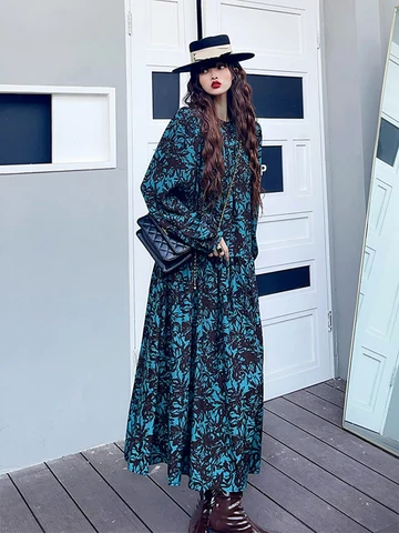 XITAO Vintage Print Dress Fashion Casual Loose Long Sleeve Women Big Hem Dress Simplicity New Temperament Dress FBB1603