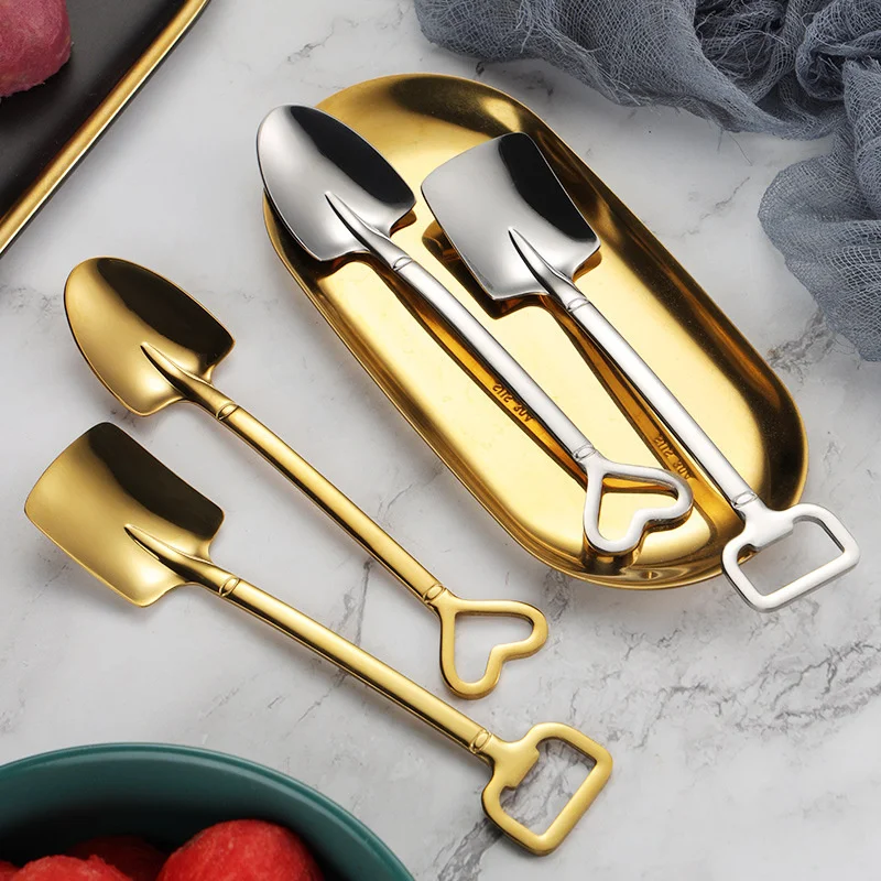 

Gold Love Coffee Spoon Creative Shovel Teaspoon Cutlery Set Stainless Steel Retro Iron Shovel Ice Cream Spoon Scoop Tableare