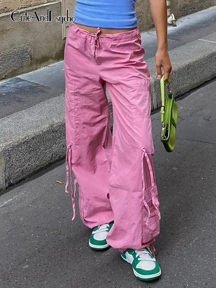 

Cuteandpsycho Fashion Pink Y2K Cargo Trousers Streetwear Chic Pockets Loose Sweatpants Drawstring Vintage Korean Women Clothing