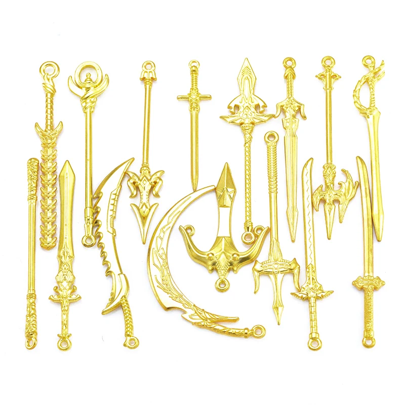 

10PCS 16 Styles Mixed Alloy gold Charms Knight Sword Knife Gun Bow Weapons Pendant For DIY Handmade Jewelry Material
