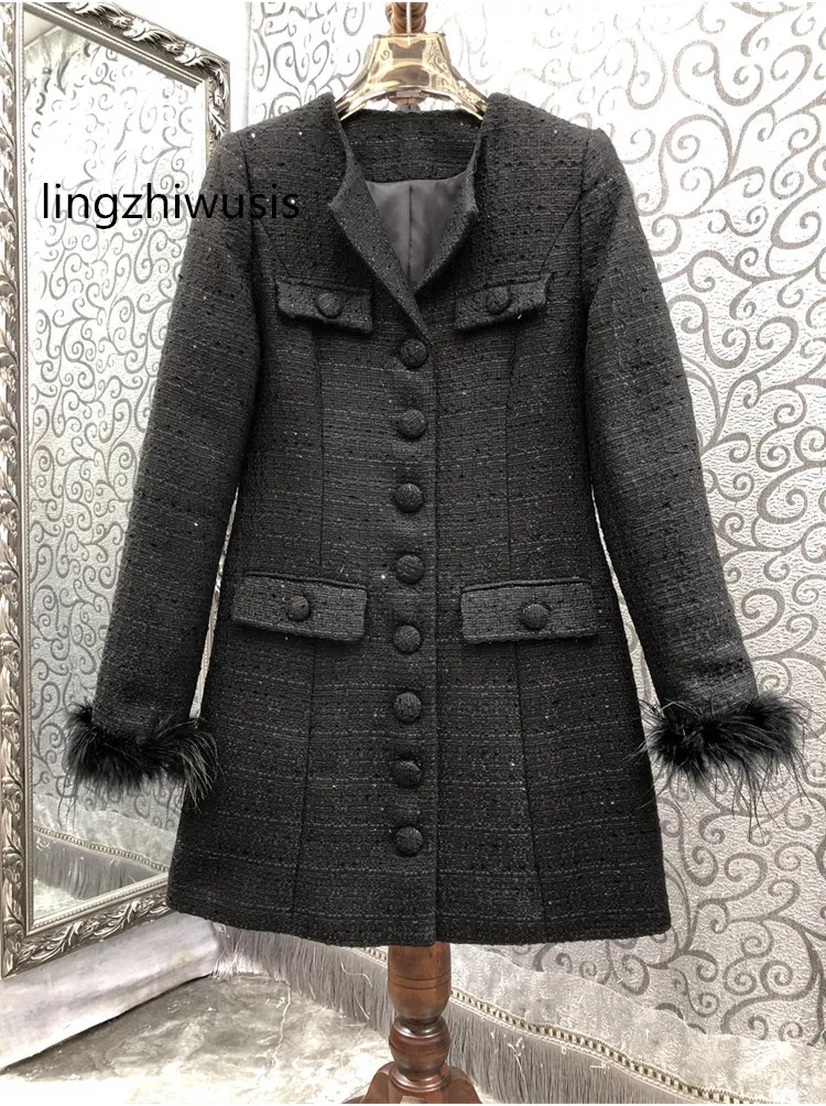 

Women Tweed Coat 2023 Autumn Fashion Top Quality Feathers Sleeve Sequins Single Breasted Medium Length Outerwear New Arrive