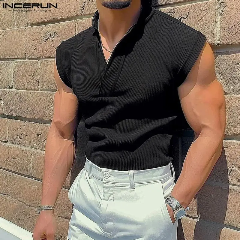 Топы INCERUN 2024 стильные мужские простые полосатые майки в Корейском стиле с