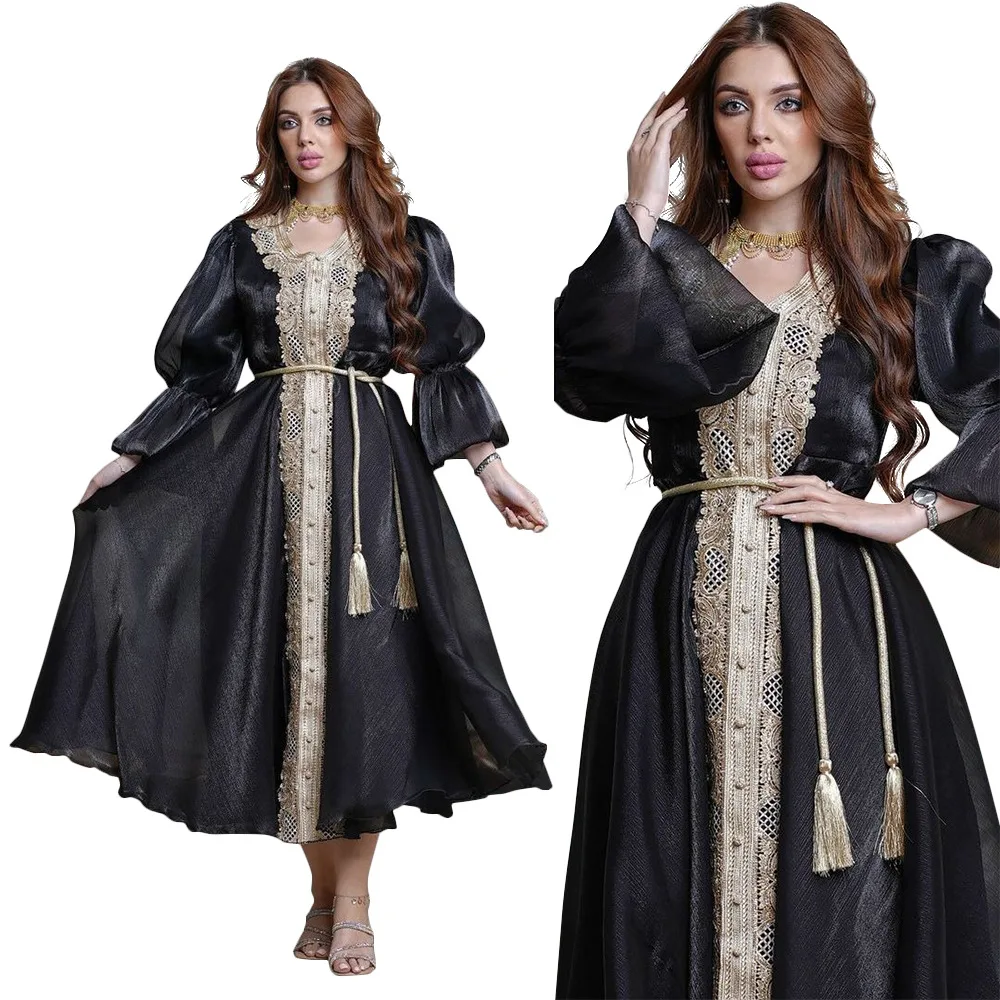 Muslim Arab Middle East Turkish Lantern Sleeve Belt Temperament Evening Gown Dress