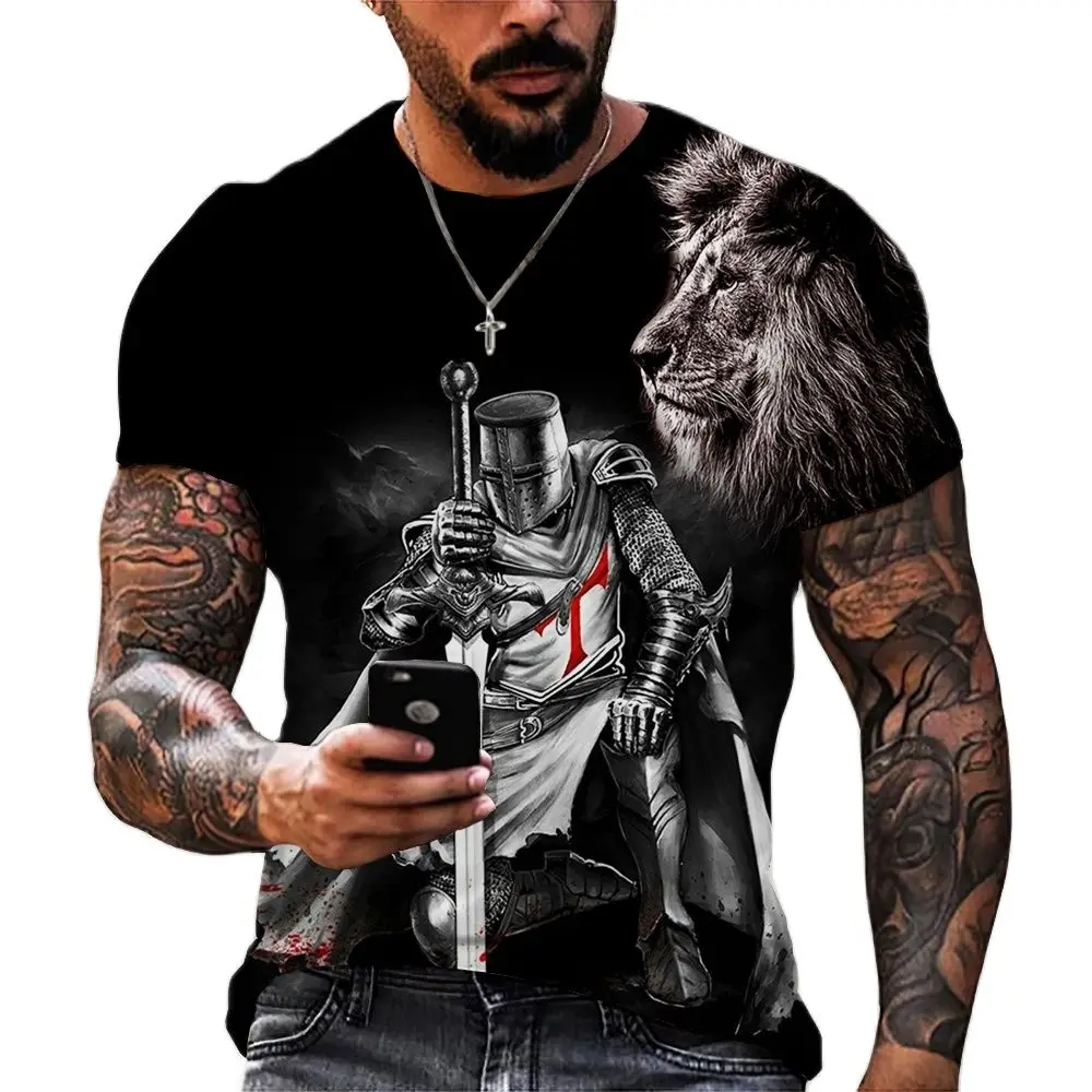 

Europe and America Templar Printed Men's O-neck T-shirt Fashion Lion Crusaders Pattern Short Sleeve Tops Catholic Style T Shirts