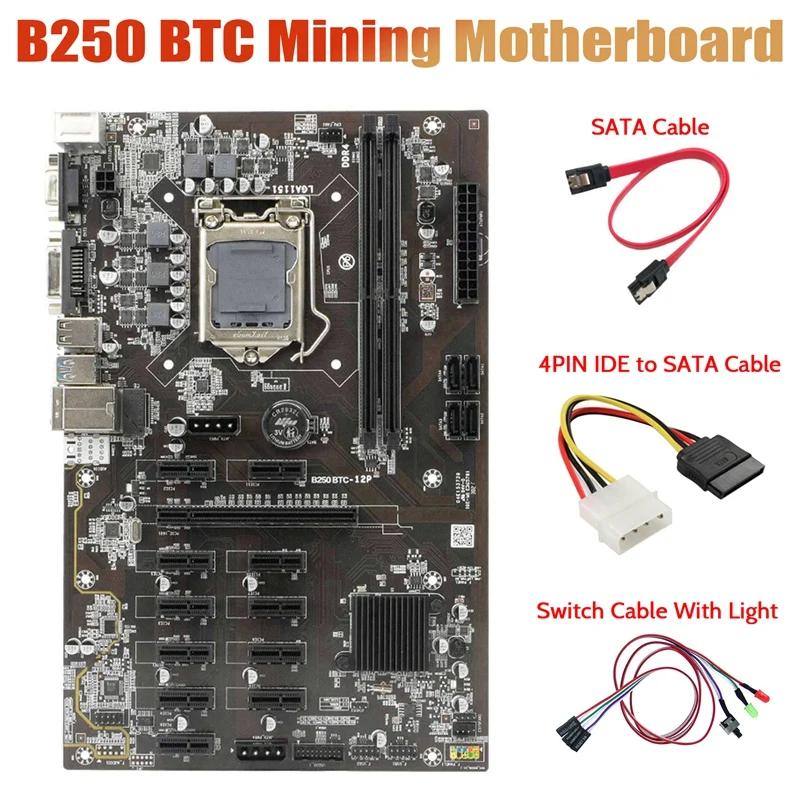 

B250 BTC Mining Motherboard With Switch Cable With Light+4PIN IDE To SATA Cable+SATA Cable 12Xgraphics Card Slot For BTC