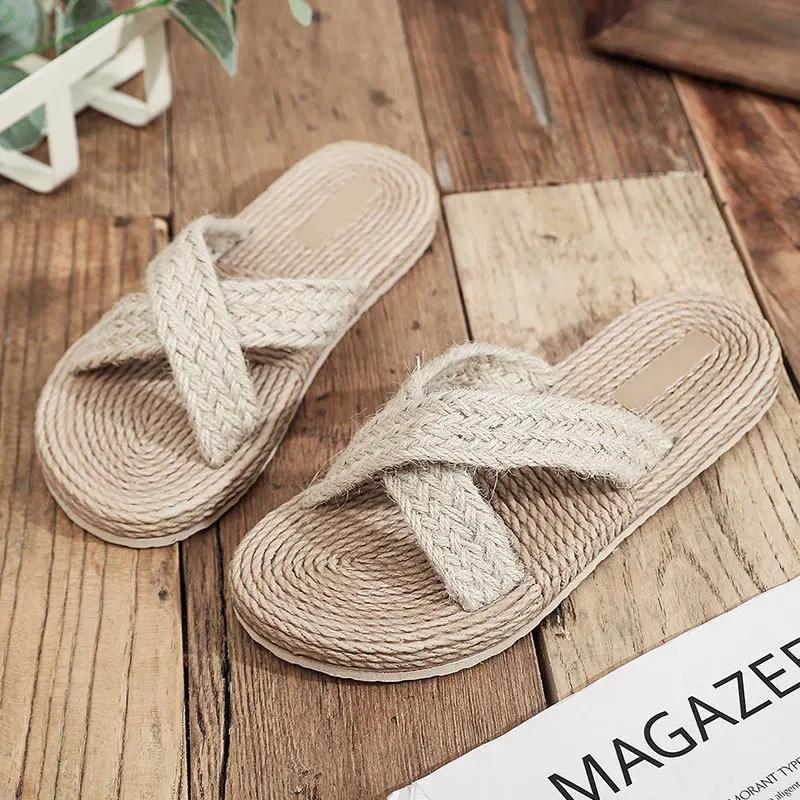 

Minimalist Cross Band Women Slide Sandals Beach Hemp Rope Slides Espadrille Flip Flops Two Straw Straps Shoe Female Beach Sandal