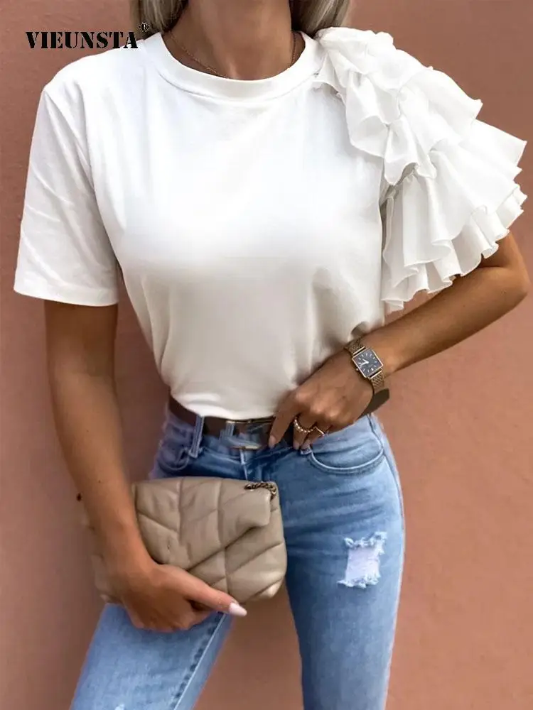 

Блузка женская с одним открытым плечом, однотонная простая Модная рубашка с оборками, свитер с круглым вырезом для поездок, лето