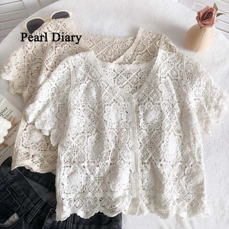 Pearl Diary Hook Flower Hollow Out V-Neck Top Women Korean Version Chic Cardigan Short Sleeves Top Knitting Sun-Proof T-Shirt