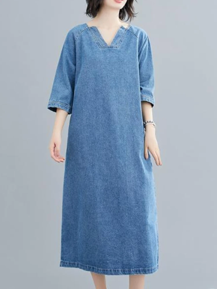 

Summer Dress Women 2023 New In Elegance Denim Vintage Half Sleeve Casual Blue Clothes Oversize Korean Fashion Mid-Calf V-Neck