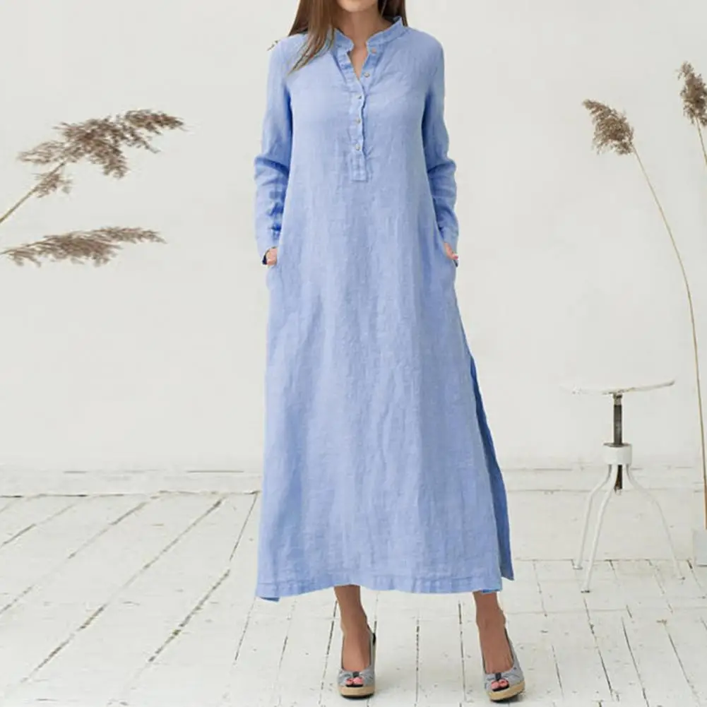 

Stand Collar Buttons Half Placket Slant Pockets Side Split Hem Vintage Dress Long Sleeve Solid Color Simple Midi Dress Vestido