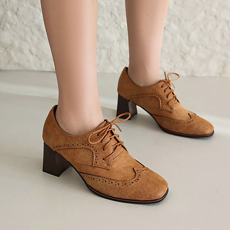 

2024 Spring New Arrival Vintage Pumps Brogue Lace Up Oxford Shoes Women Square Toe 6cm Block Heeled Cross-tied Footwear Shoes 42
