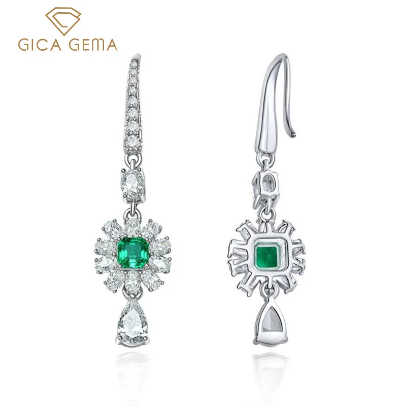 

GICA GEMA 925 Sterling Silver 4*4mm Lab Grown Emerald Aspen Cut Drop Earrings For Women Sparkling Wedding Party Fine Jewelry