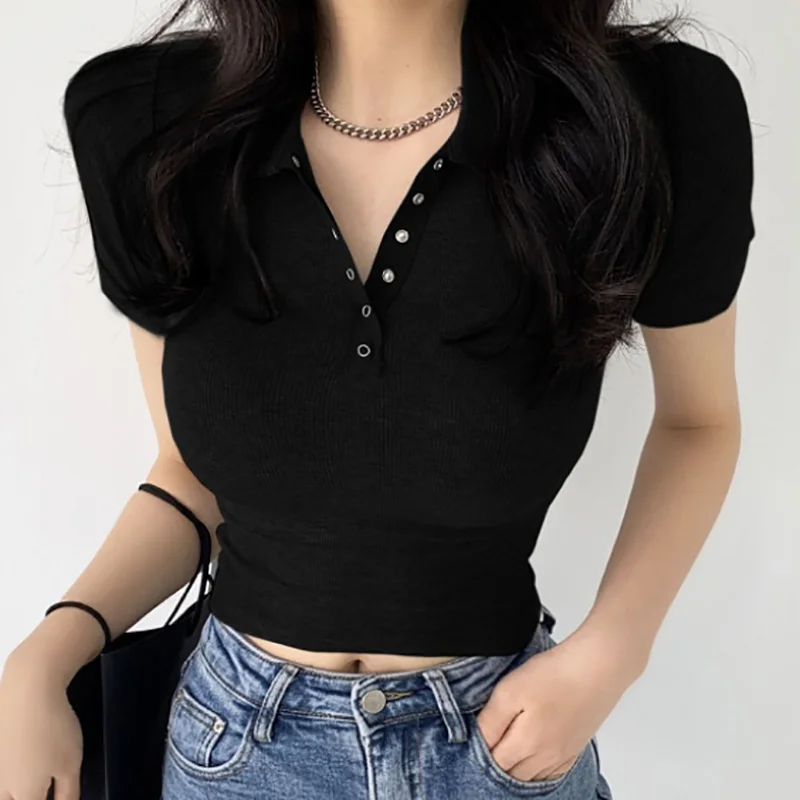 

Women's T Shirts Summer Fashion Turn-down Collar Skinny Thin Short Tops Female Solid Basic Ribbed Button Casual Tee Shirt Femme
