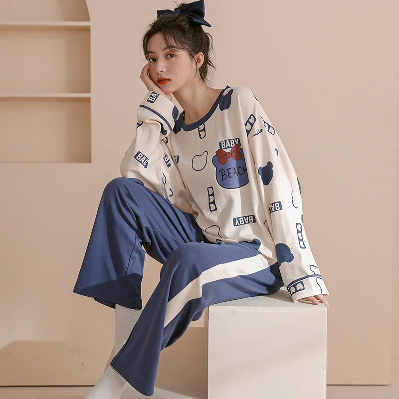 2022 spring and autumn new style pajamas women's cotton long sleeve  sweet simple round neck suit home clothes can be worn out