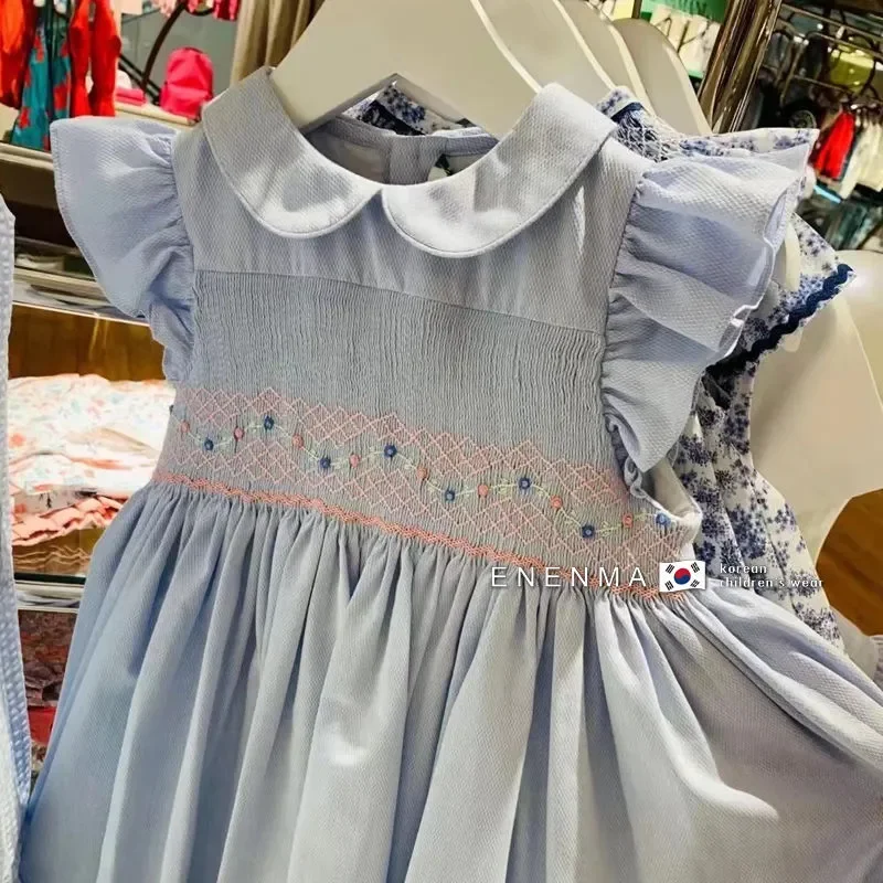 

New Spanish Smocking Dress for Baby Girls Kids Smocked Hand Made Embroidery Blue Flower Dresses Children Boutique Clothes Frocks