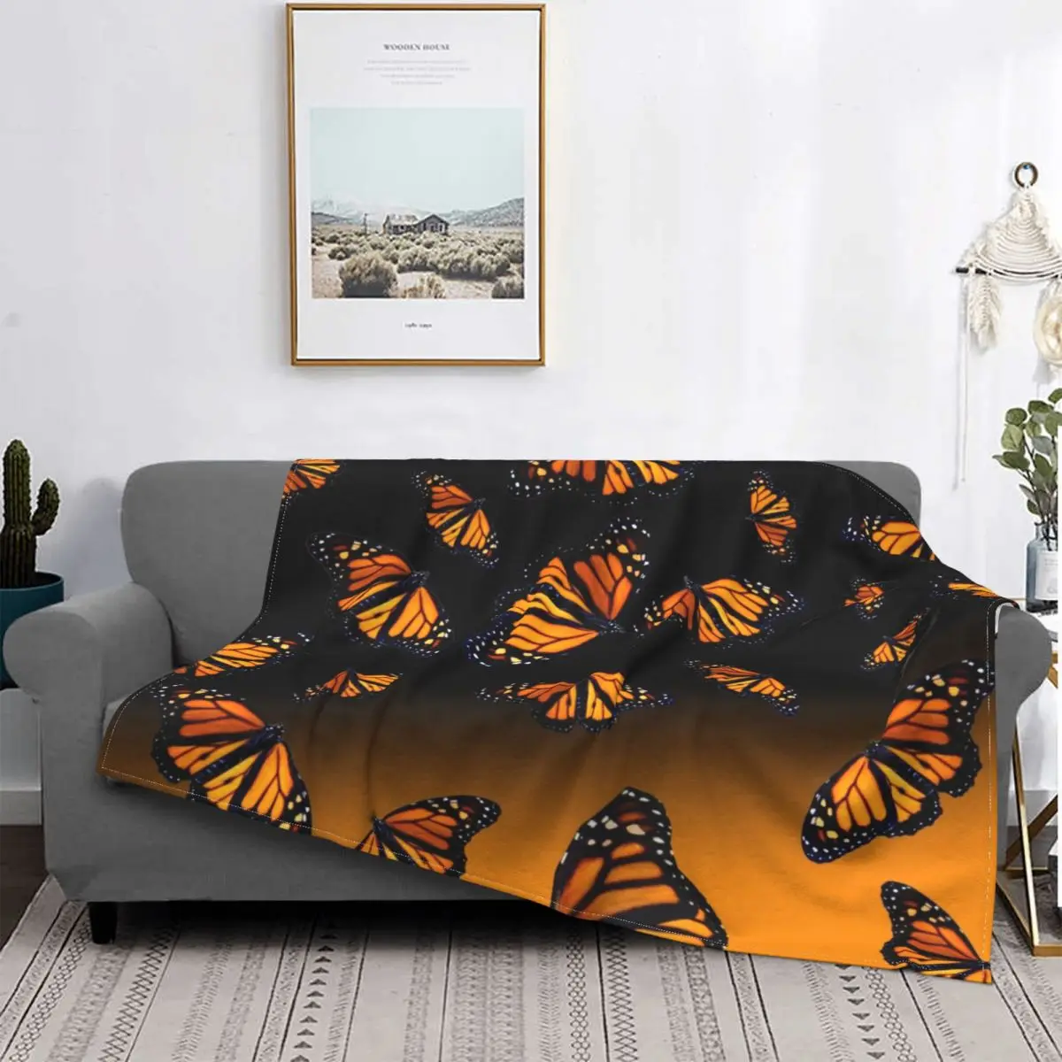 

Orange Monarch Butterflys Blanket Velvet Print Art Multi-function Super Warm Throw Blankets for Bed Couch Bedspreads