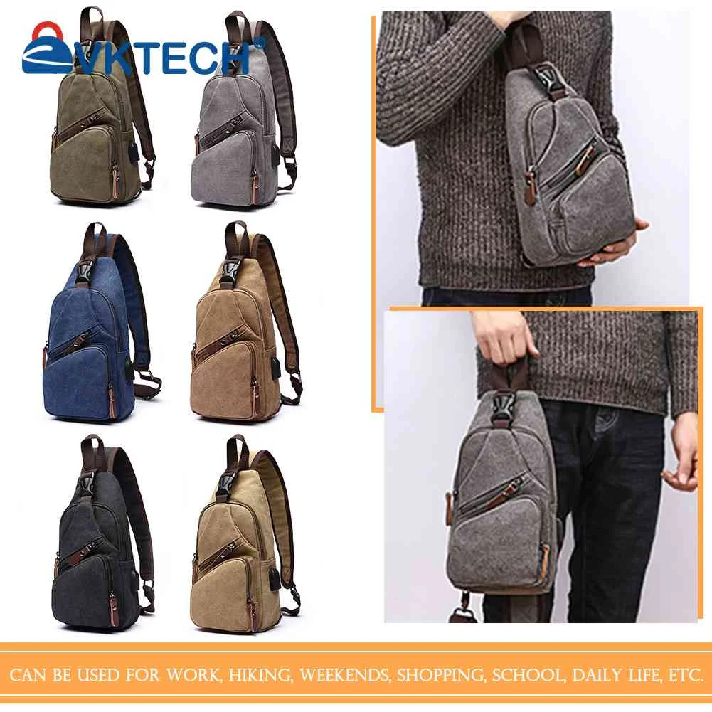 

Canvas Hip Bum Bag Waterproof Male Man Crossbody Bags USB Charging Ports Shoulder Bag Zipper Casual Sports for Camping Running