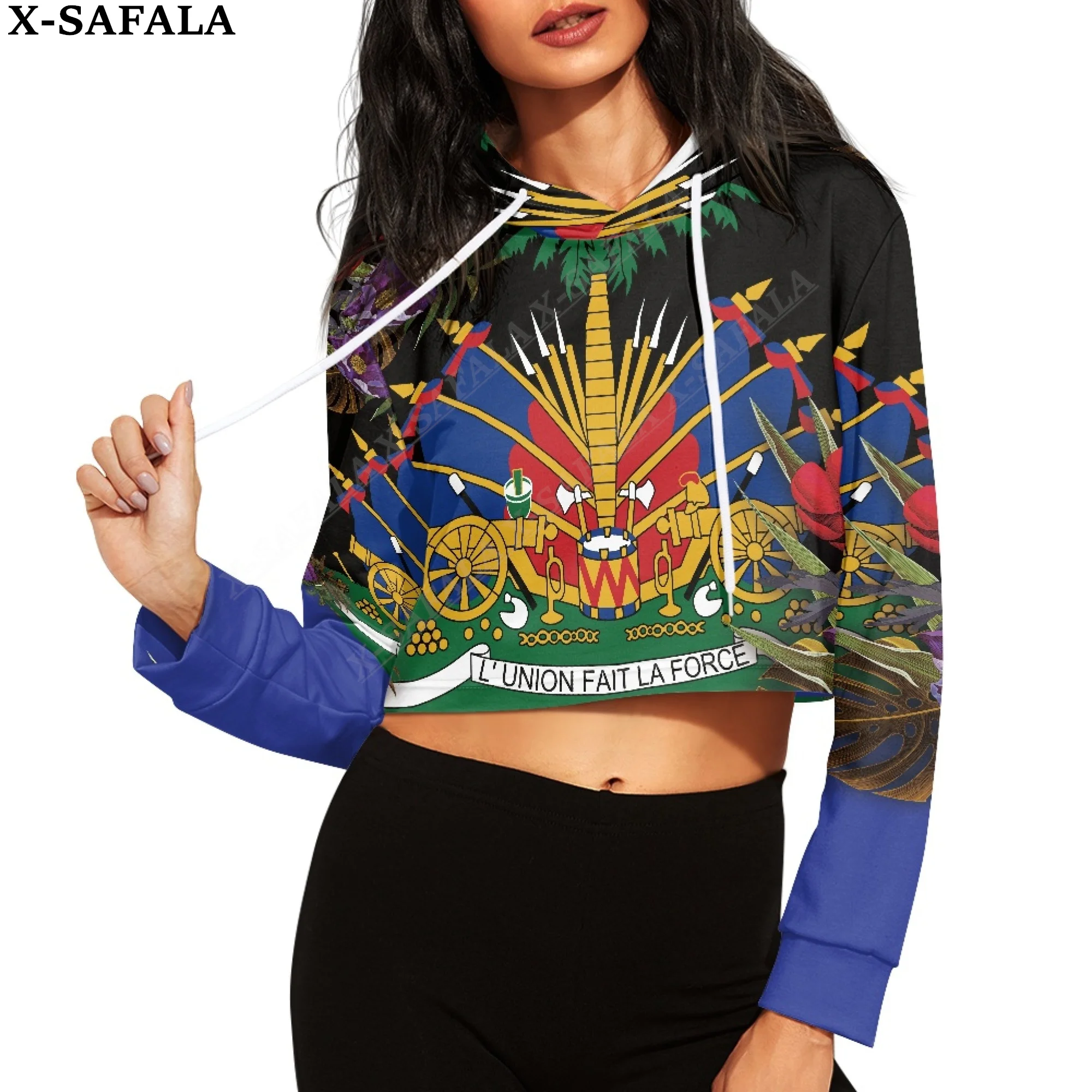 

HAITI Coat Of Arms Country Style Print Women Crop Top Hoodie Casual Long Sleeve Hooded Short Sweatshirt Streetwear Drawstring-8