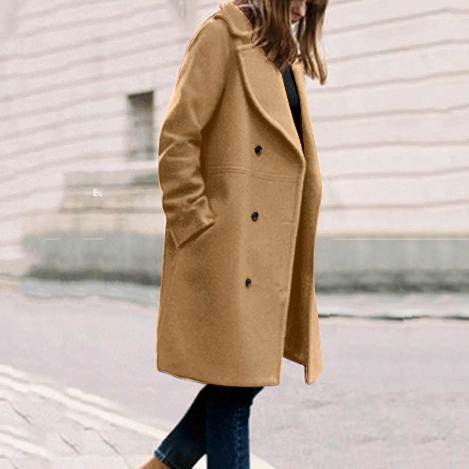 

Women's Winter Coat Solid Button Windproof Overcoat Outwear Double-breasted Mid-length Cotton Windbreaker for Ladies Fall 2022