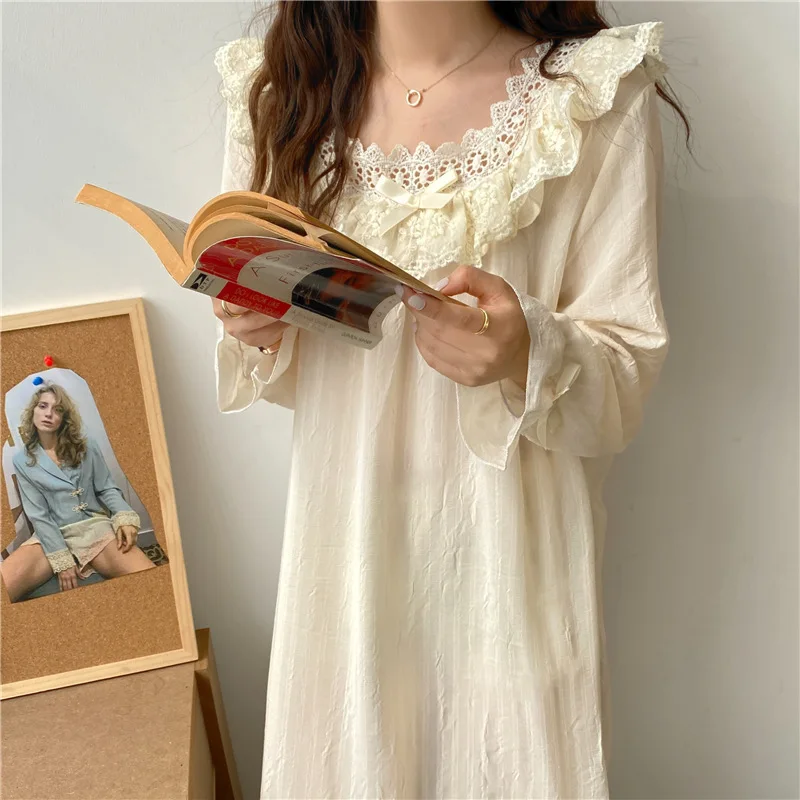 Qweek Women's Sleepwear Cotton Spring Nightgown Cute Bow Ruffles Princess Style Nighty for Ladies Sleepshirts Summer Mid Calf