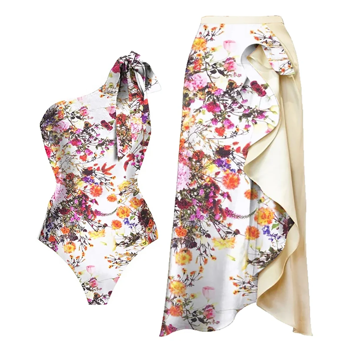 

One Shoulder Floral Print One Piece And Cover Up Luxury High Waist Sexy Beach Outfit For Women Bathing Suit 2023 Unique Single