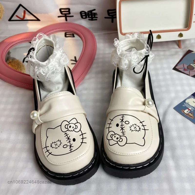 Sanrio Hello Kitty Sweet Little Leather Shoes 2022 New Autumn Jk Uniform Round Headed Mary Jane Shoes Kawaii Lolita Single Shoes