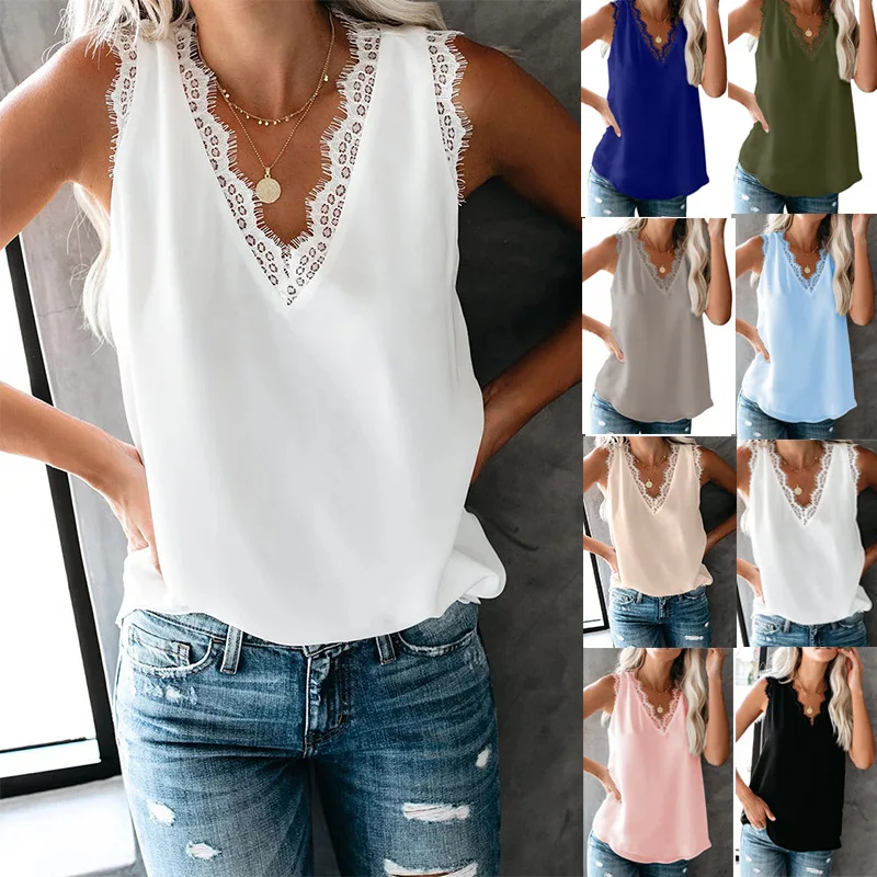 

LAIWEIS Sexy Vest V-Neck Lace Patchwork Black White Shirt 2022 New Women Blouses Sleeveless Casual Loose Summer Beach Tops