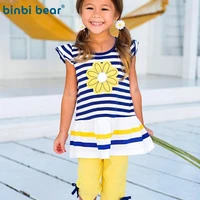 summer new 2022 chrysanthemum striped girl kids clothes suit cute female baby round neck t shirt elastic waist childrens pants