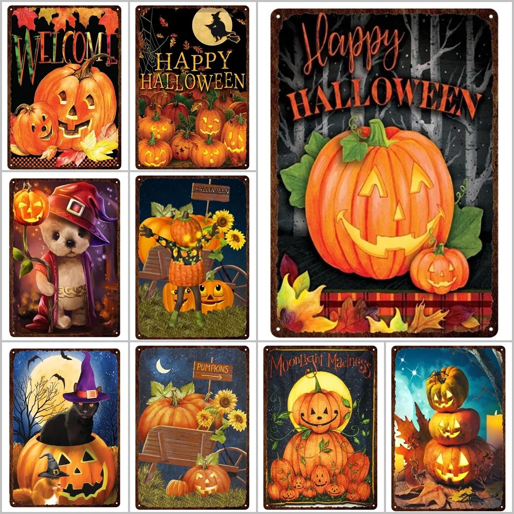 

Horror Decor Metal Tin Sign Plaques Happy Halloween Metal Posters Man Cave Pub Bar Sign Halloween Pumpkin Metal Print Plates