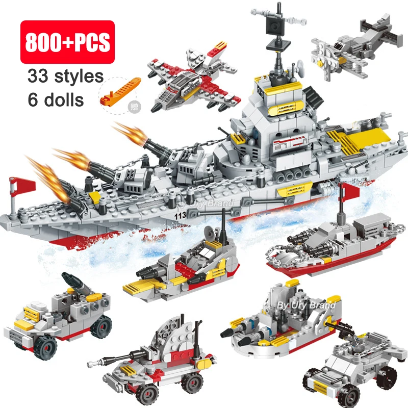 

WW2 Military Series Army Battle Cruiser Ship Modern Warship Tank Plane Fighting Mech Figures Building Blocks Toys for Boys Gifts