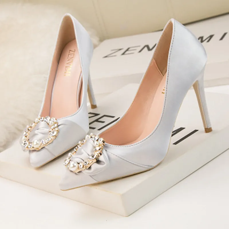 

Fashion Rhinestone silk women pumps elegant high heels sexy women heel shoes shallow ladies shoes women pumps