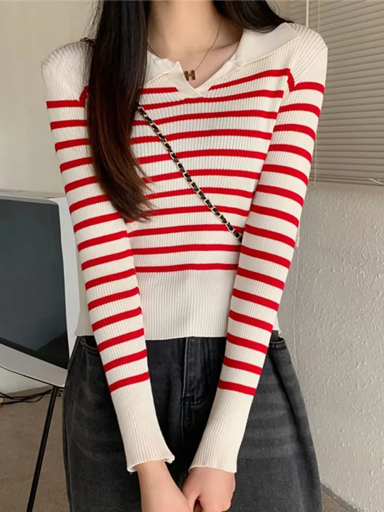 

Striped Long Sleeve Knitted Top Sweater Women Pullover Slim V Neck Casual Knit Sweaters Female Pull Autumn Winter Ladies Clothes