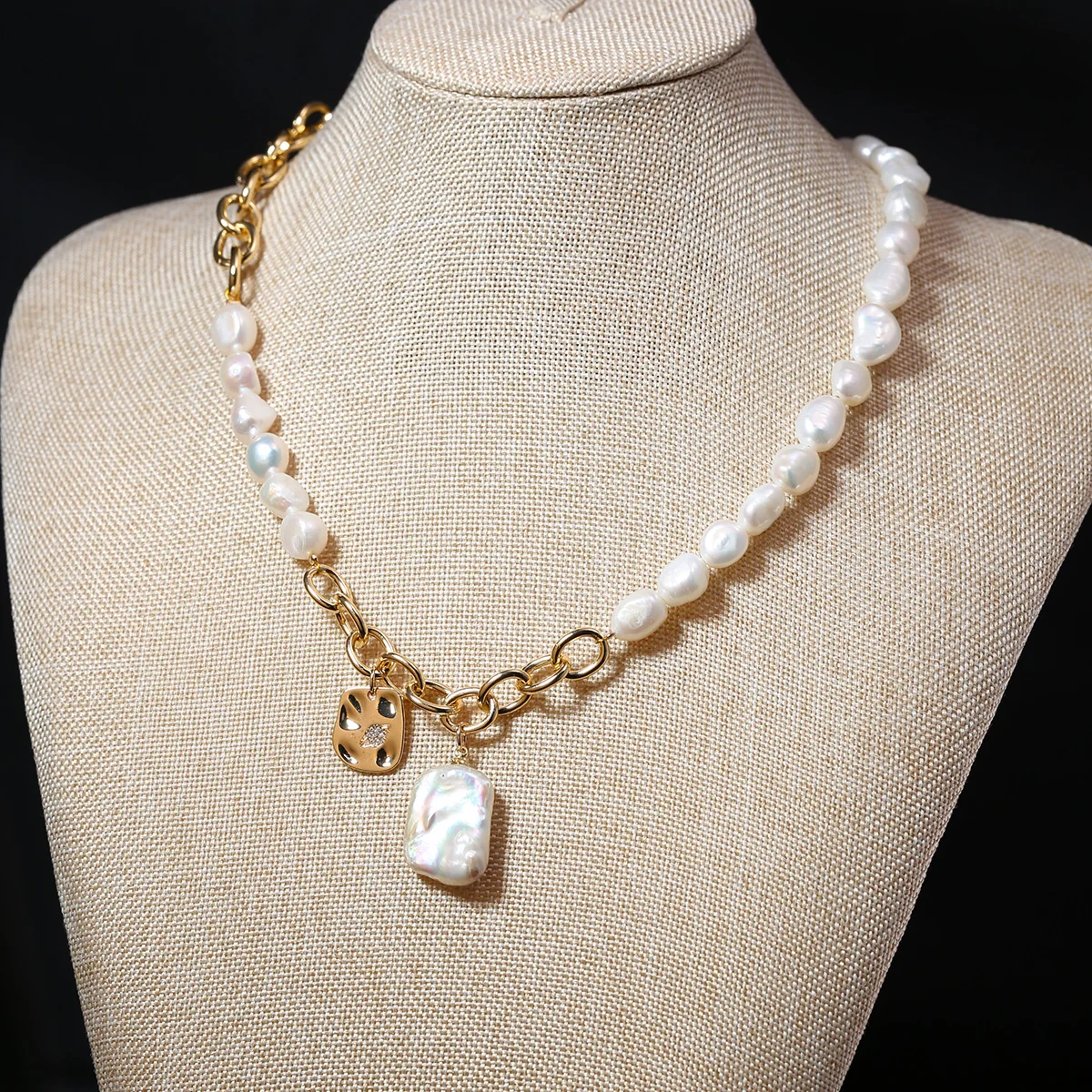 

Natural Baroque Pearl Necklace 7-8mm Natural White Pearl Bead Necklace For Women Party Jewelry 18K Gold Color Chain 40cm