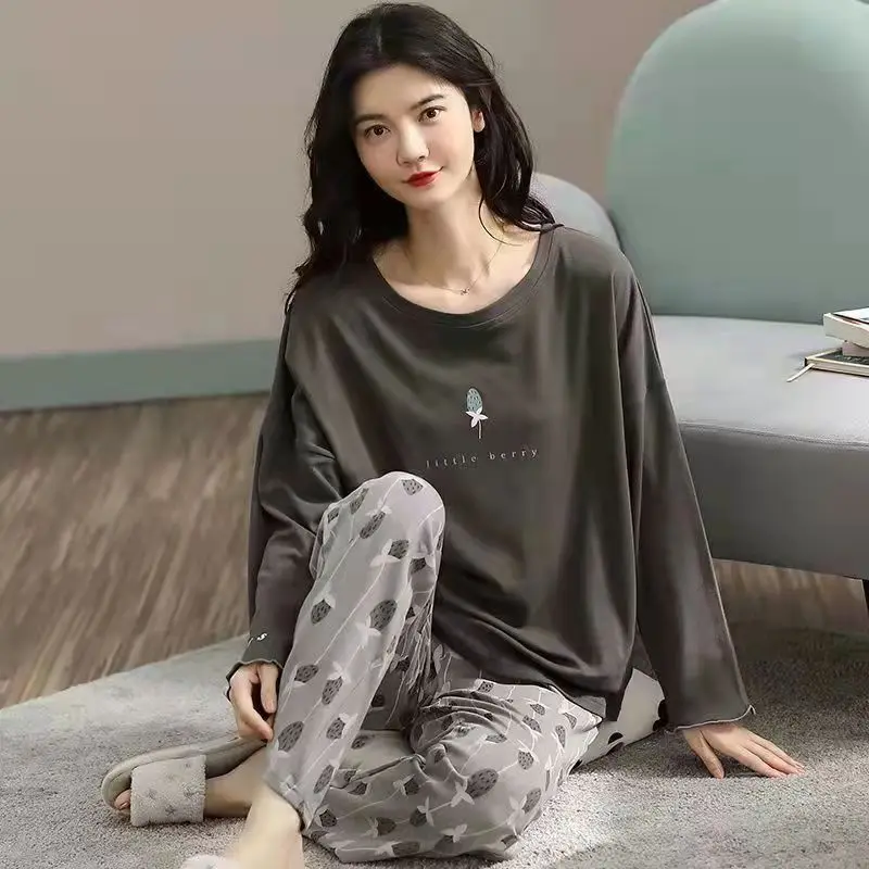 Cotton Pajamas Women's Korean Style Long-sleeved Homewear Suit Loose Large Size Two-piece Set Cotton Pajama